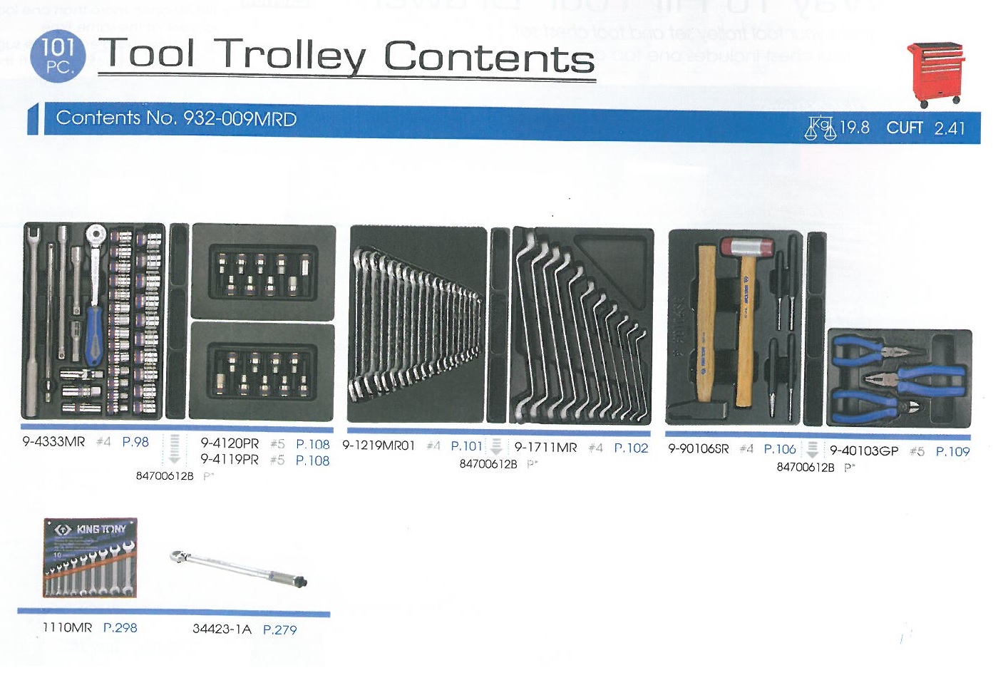 Набор  инструментов для тележки 101 пр.(Ложементы)